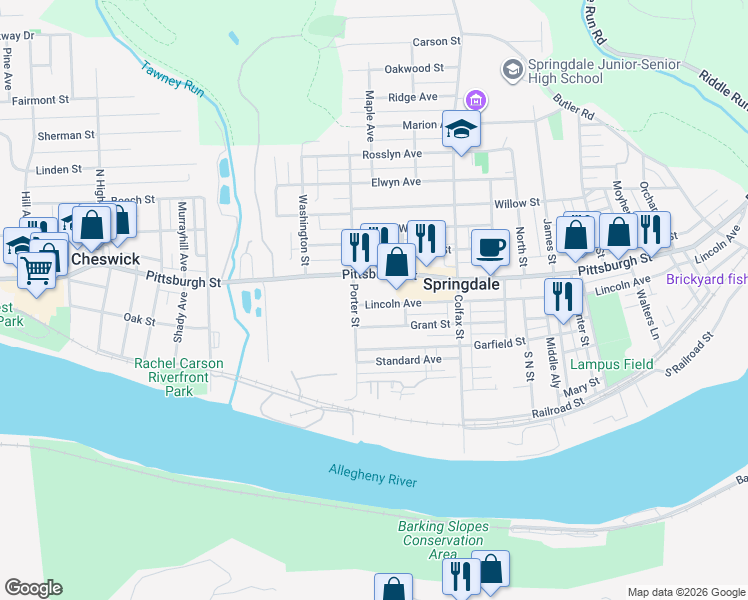 map of restaurants, bars, coffee shops, grocery stores, and more near 409 Lincoln Avenue in Springdale