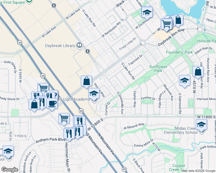 map of restaurants, bars, coffee shops, grocery stores, and more near 11598 Grandville Avenue in South Jordan