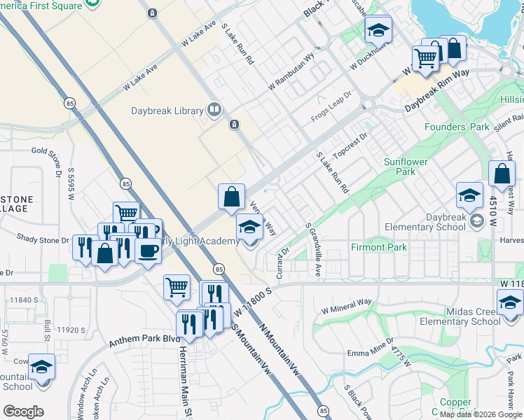 map of restaurants, bars, coffee shops, grocery stores, and more near 5096 Putney Hill Road in South Jordan