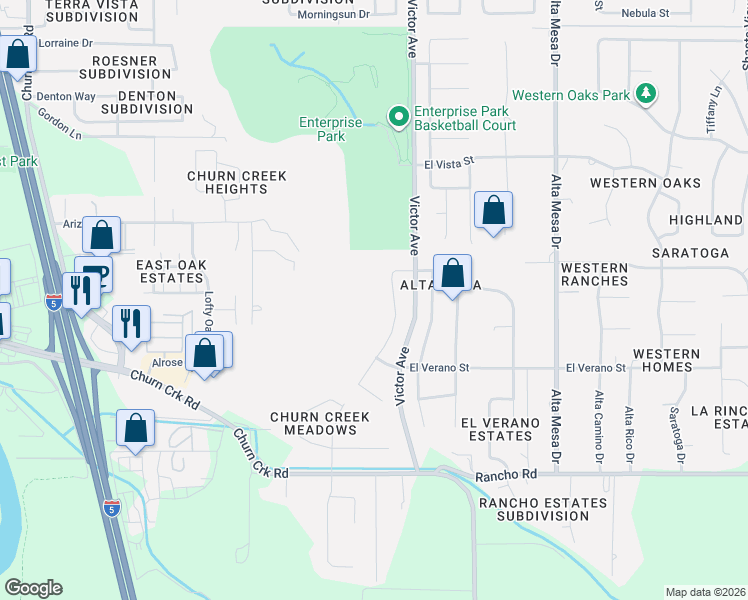 map of restaurants, bars, coffee shops, grocery stores, and more near 4612 Columbine Drive in Redding