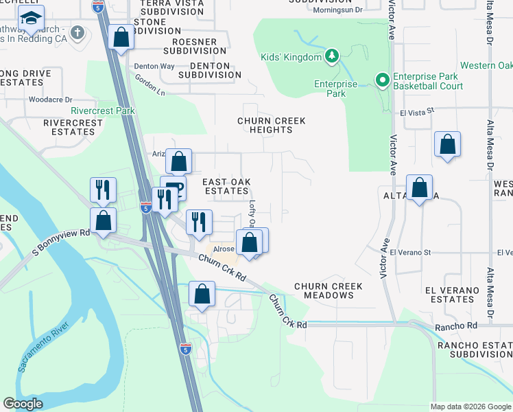 map of restaurants, bars, coffee shops, grocery stores, and more near in Redding