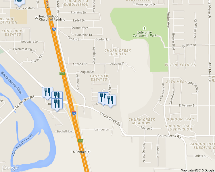 map of restaurants, bars, coffee shops, grocery stores, and more near 1271 Mighty Oak Lane in Redding