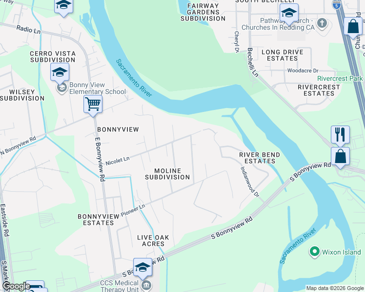 map of restaurants, bars, coffee shops, grocery stores, and more near 3475 Nicolet Lane in Redding