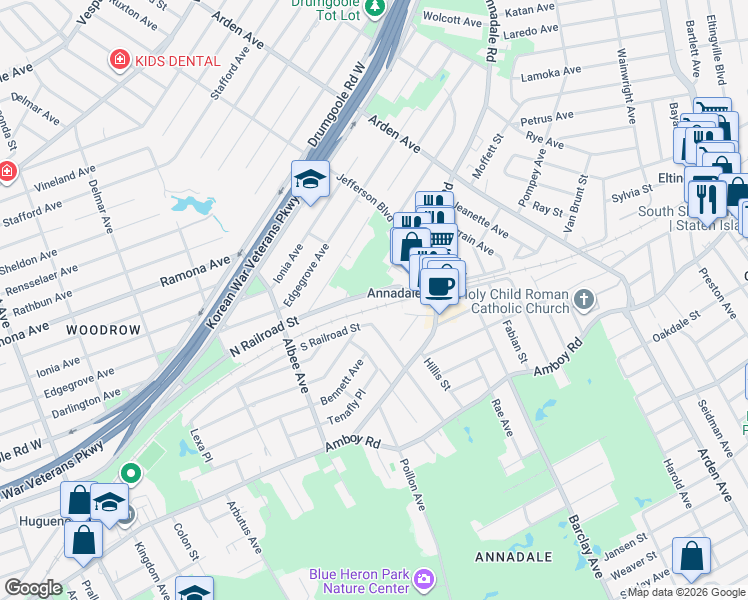 map of restaurants, bars, coffee shops, grocery stores, and more near 20 North Railroad Street in Staten Island