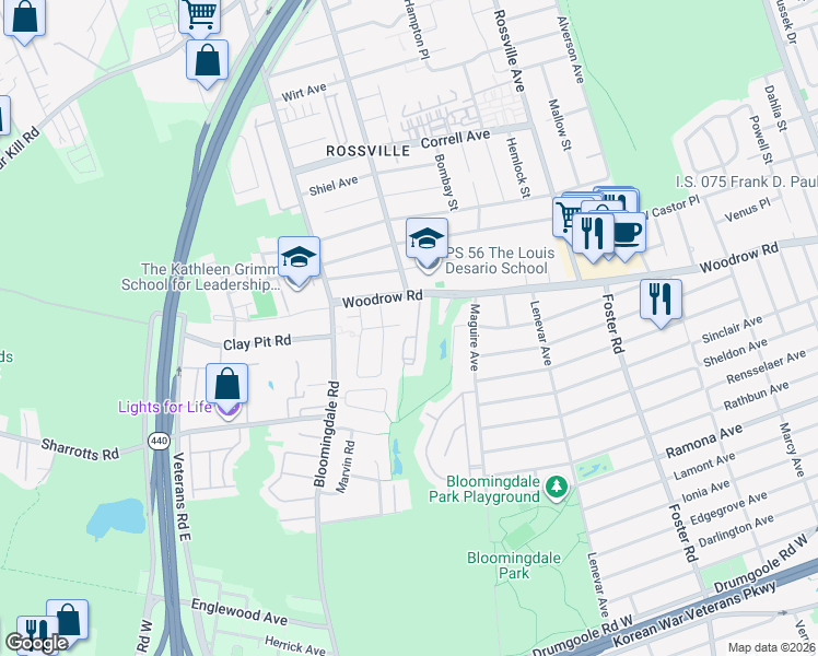map of restaurants, bars, coffee shops, grocery stores, and more near 27 Brookside Loop in Staten Island