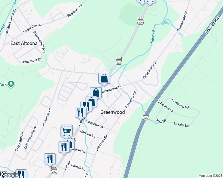 map of restaurants, bars, coffee shops, grocery stores, and more near 1671-1699 Bellemeade Drive in Altoona