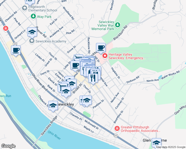 map of restaurants, bars, coffee shops, grocery stores, and more near 518 Broad Street in Sewickley