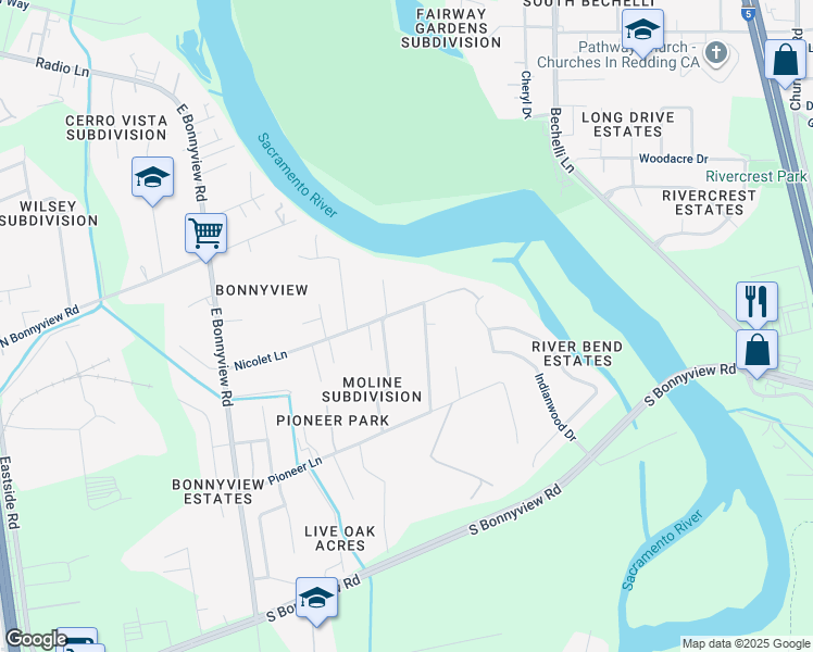 map of restaurants, bars, coffee shops, grocery stores, and more near 3475 Nicolet Lane in Redding