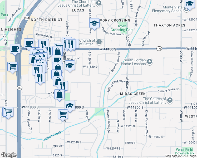map of restaurants, bars, coffee shops, grocery stores, and more near 3372 West Waterbridge Cove in South Jordan