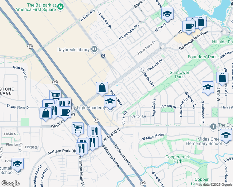 map of restaurants, bars, coffee shops, grocery stores, and more near 5096 Putney Hill Road in South Jordan