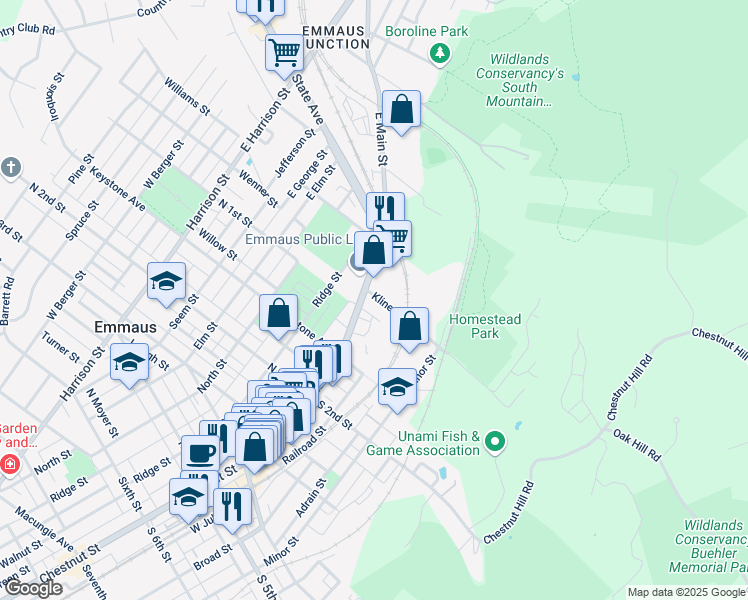 map of restaurants, bars, coffee shops, grocery stores, and more near 16 Klines Lane in Emmaus