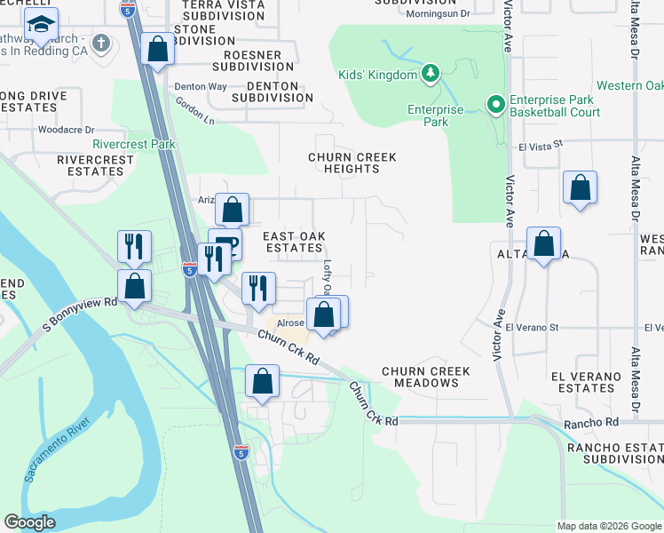 map of restaurants, bars, coffee shops, grocery stores, and more near in Redding