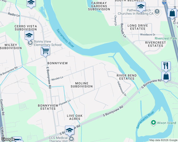 map of restaurants, bars, coffee shops, grocery stores, and more near 3475 Nicolet Lane in Redding