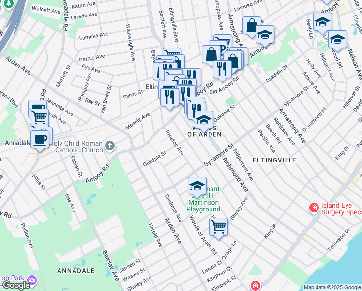 map of restaurants, bars, coffee shops, grocery stores, and more near 57 Preston Avenue in Staten Island