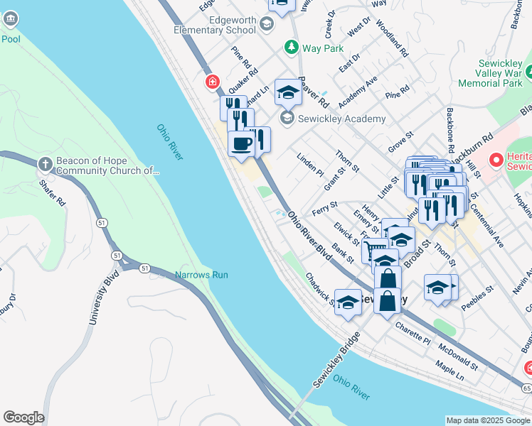 map of restaurants, bars, coffee shops, grocery stores, and more near 26 Chadwick Street in Sewickley