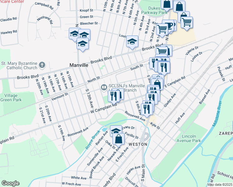 map of restaurants, bars, coffee shops, grocery stores, and more near 131-133 North 9th Avenue in Manville
