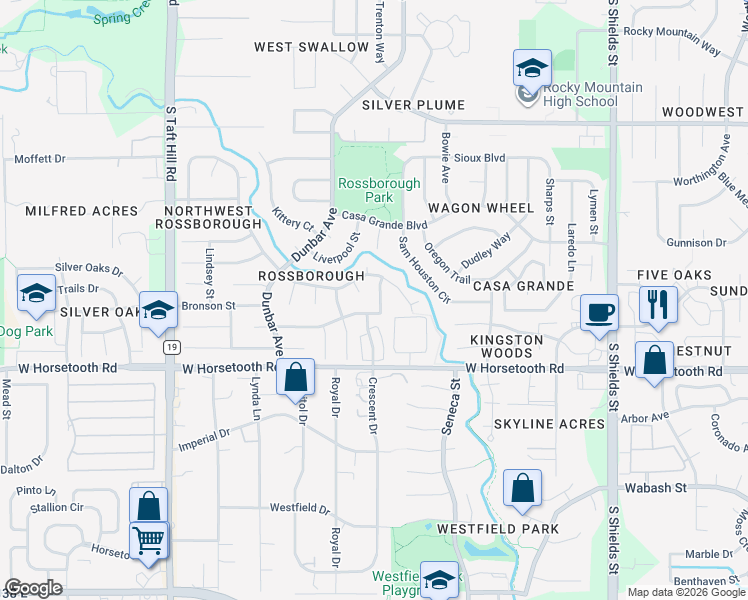 map of restaurants, bars, coffee shops, grocery stores, and more near 3419 Pembroke Street in Fort Collins