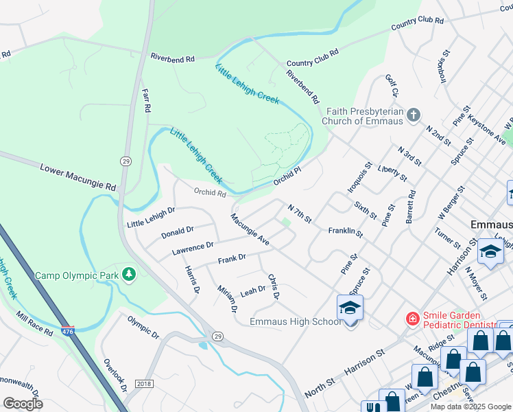 map of restaurants, bars, coffee shops, grocery stores, and more near in Emmaus