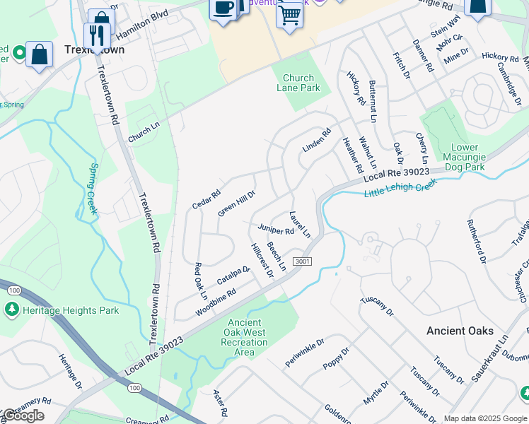 map of restaurants, bars, coffee shops, grocery stores, and more near 7330 Hillcrest Drive in Macungie