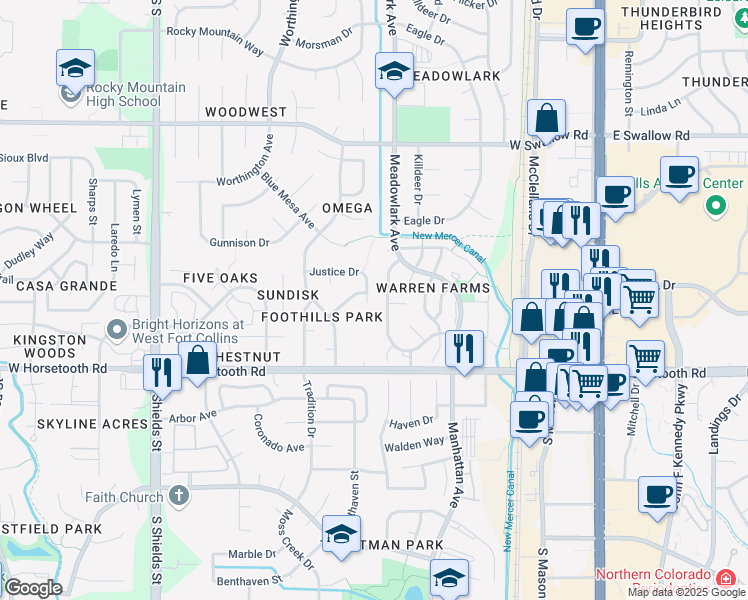 map of restaurants, bars, coffee shops, grocery stores, and more near 612 Justice Drive in Fort Collins