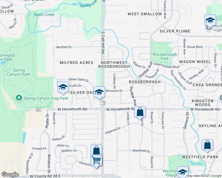 map of restaurants, bars, coffee shops, grocery stores, and more near 2030 Bronson Street in Fort Collins