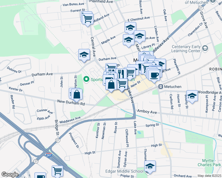 map of restaurants, bars, coffee shops, grocery stores, and more near 658 Middlesex Avenue in Metuchen