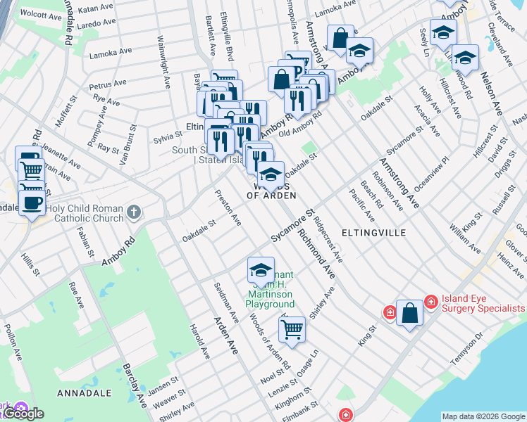 map of restaurants, bars, coffee shops, grocery stores, and more near 82 Lyndale Avenue in Staten Island