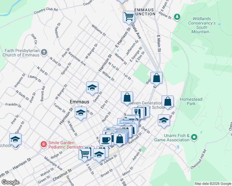 map of restaurants, bars, coffee shops, grocery stores, and more near 162 Elm St in Emmaus