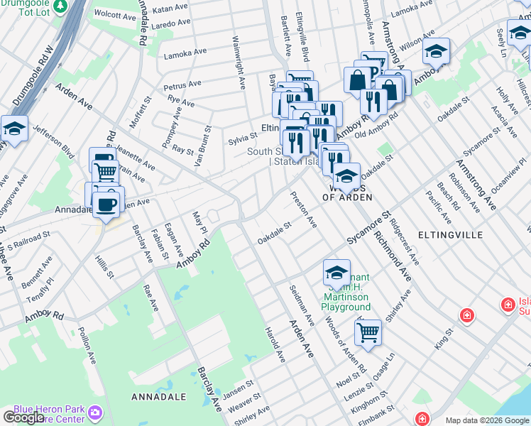 map of restaurants, bars, coffee shops, grocery stores, and more near 4662 Amboy Road in Staten Island