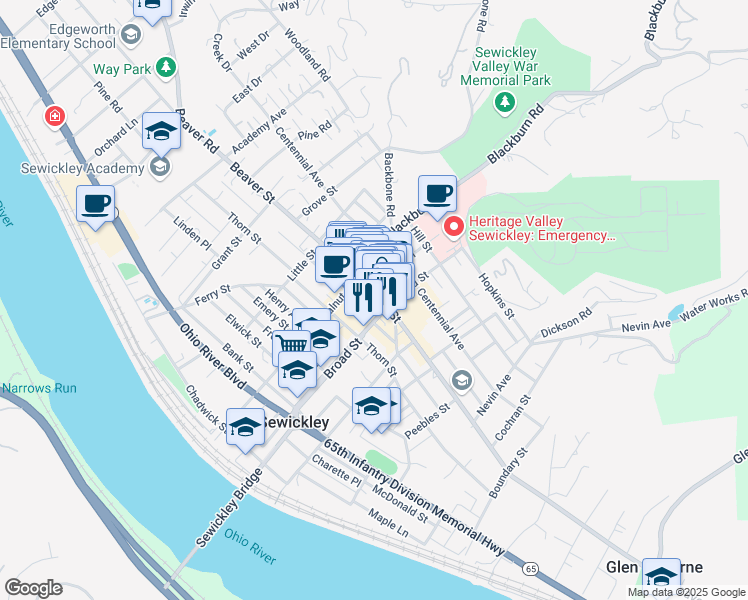 map of restaurants, bars, coffee shops, grocery stores, and more near 426 Beaver St in Sewickley