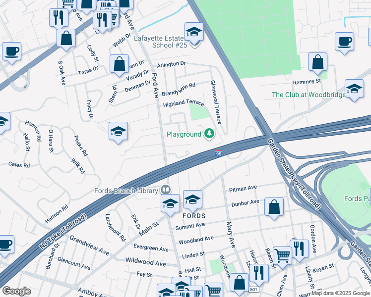 map of restaurants, bars, coffee shops, grocery stores, and more near 40 Jackson Court in Woodbridge Township