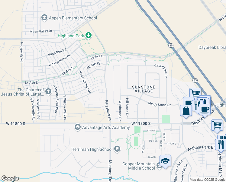 map of restaurants, bars, coffee shops, grocery stores, and more near 11617 Keystone Drive in South Jordan