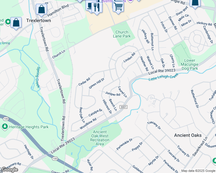 map of restaurants, bars, coffee shops, grocery stores, and more near 7330 Hillcrest Drive in Macungie