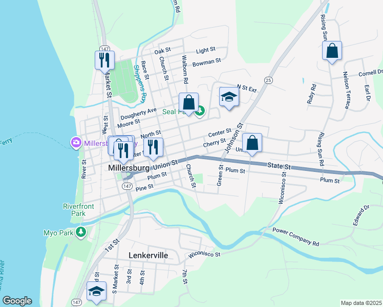 map of restaurants, bars, coffee shops, grocery stores, and more near 515 Union Street in Millersburg