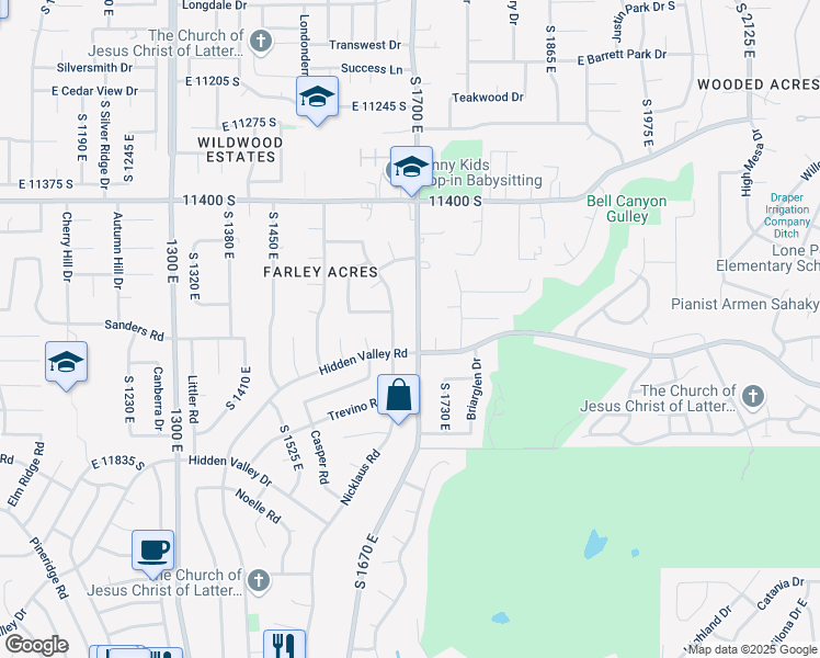 map of restaurants, bars, coffee shops, grocery stores, and more near 11604 South 1700 East in Sandy