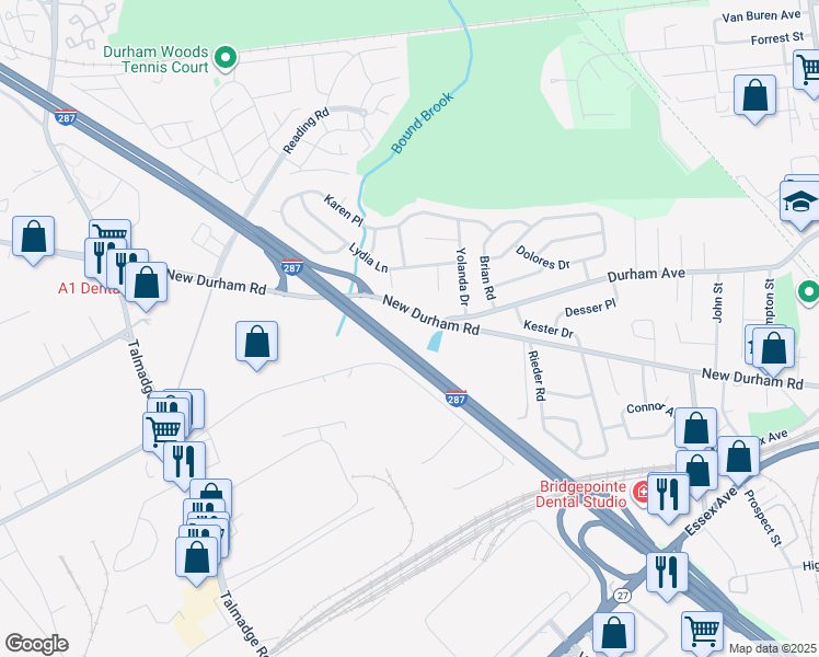 map of restaurants, bars, coffee shops, grocery stores, and more near 779 New Durham Road in Edison