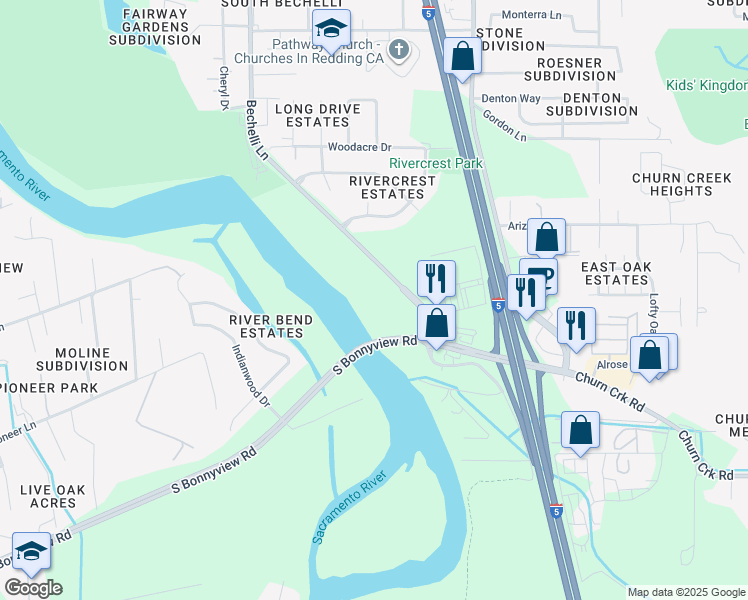 map of restaurants, bars, coffee shops, grocery stores, and more near 4700 Bechelli Lane in Redding