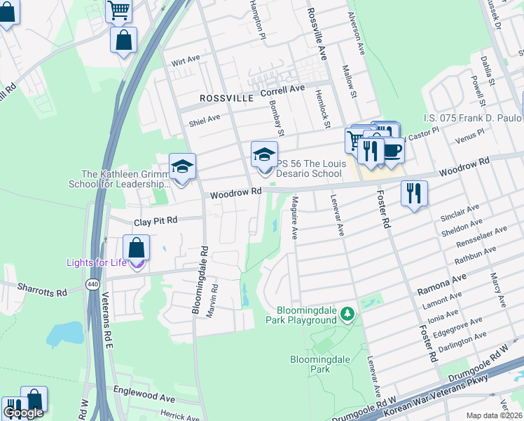 map of restaurants, bars, coffee shops, grocery stores, and more near 27 Brookside Loop in Staten Island