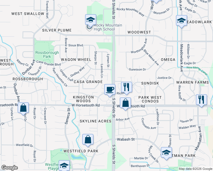 map of restaurants, bars, coffee shops, grocery stores, and more near 3425 South Shields Street in Fort Collins