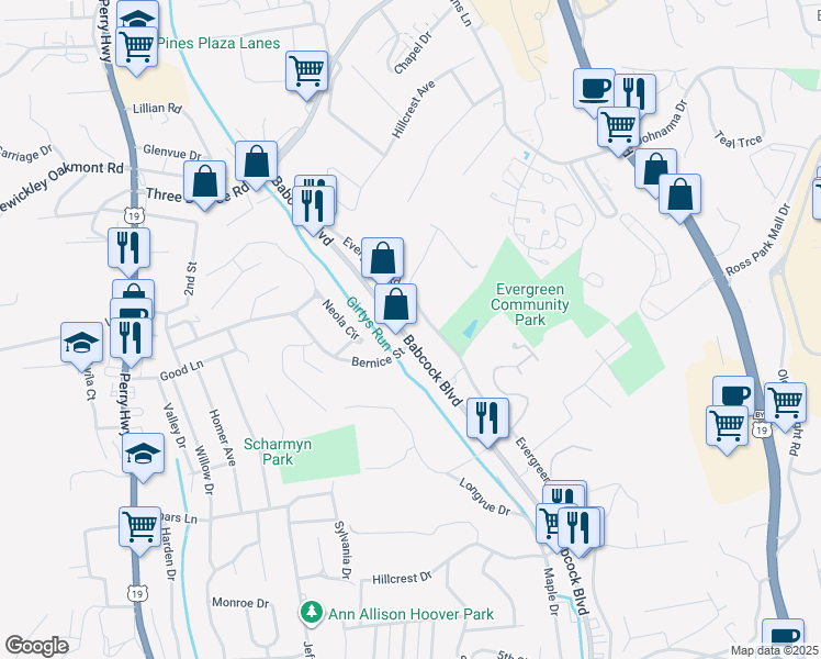 map of restaurants, bars, coffee shops, grocery stores, and more near 3442 Babcock Boulevard in Pittsburgh