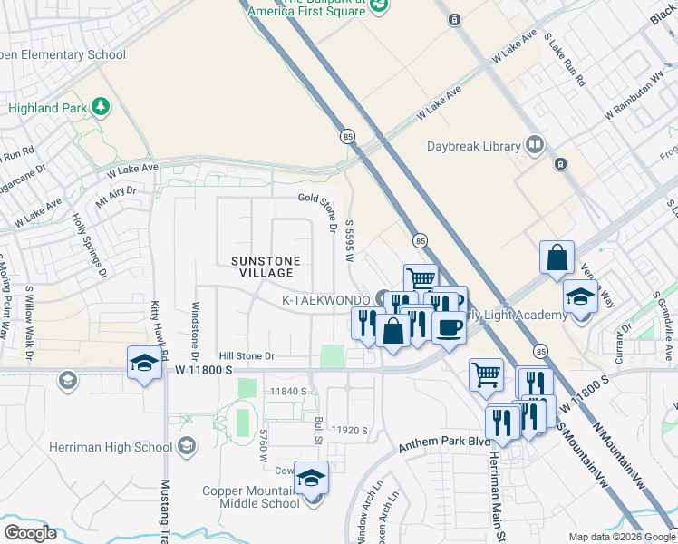 map of restaurants, bars, coffee shops, grocery stores, and more near 11607 Gold Stone Drive in South Jordan