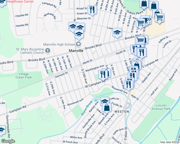 map of restaurants, bars, coffee shops, grocery stores, and more near 1101 Washington Avenue in Manville