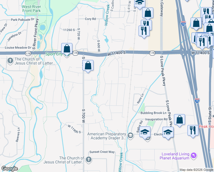 map of restaurants, bars, coffee shops, grocery stores, and more near 11622 Wildrye Field Way in Draper