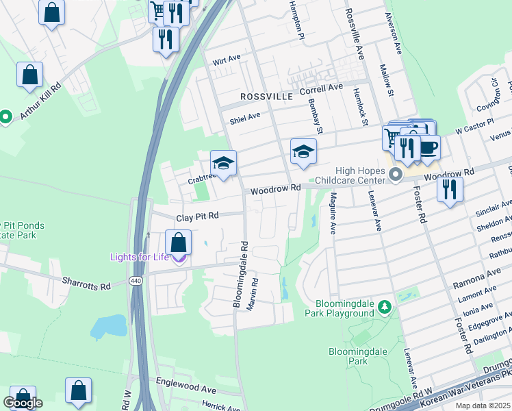 map of restaurants, bars, coffee shops, grocery stores, and more near 18 Lynbrook Court in Staten Island