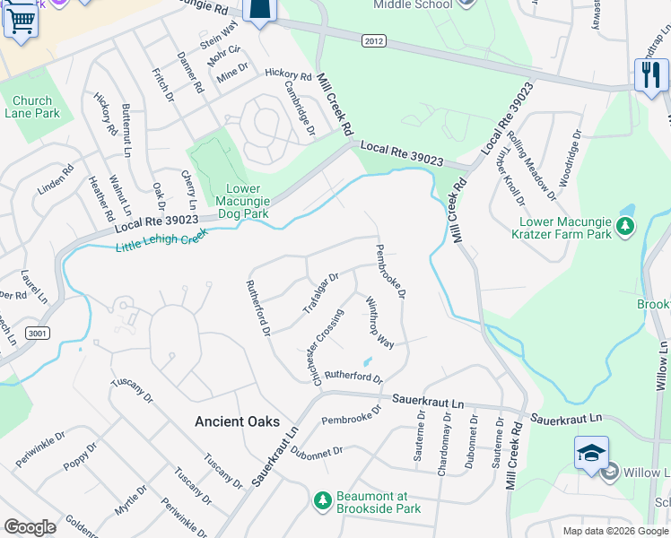 map of restaurants, bars, coffee shops, grocery stores, and more near 6543 Trafalgar Drive in Macungie