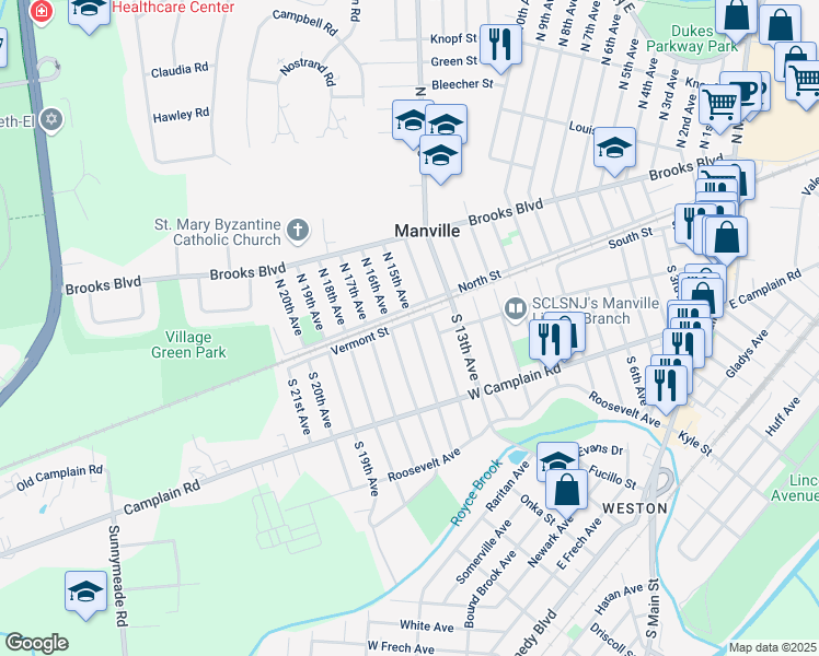 map of restaurants, bars, coffee shops, grocery stores, and more near 82 South 15th Avenue in Manville