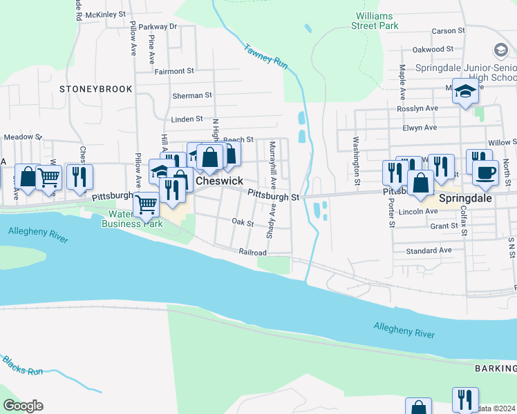 map of restaurants, bars, coffee shops, grocery stores, and more near 109 South Atlantic Avenue in Cheswick