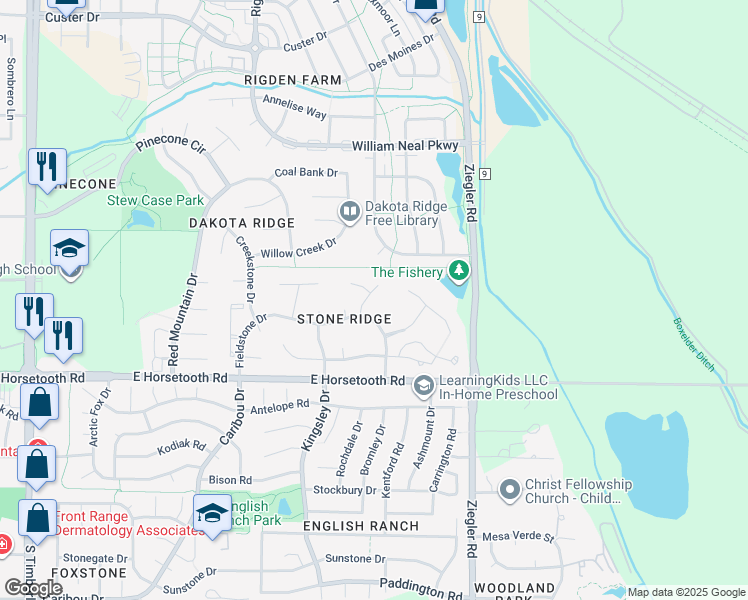 map of restaurants, bars, coffee shops, grocery stores, and more near 3406 Cherrystone Court in Fort Collins