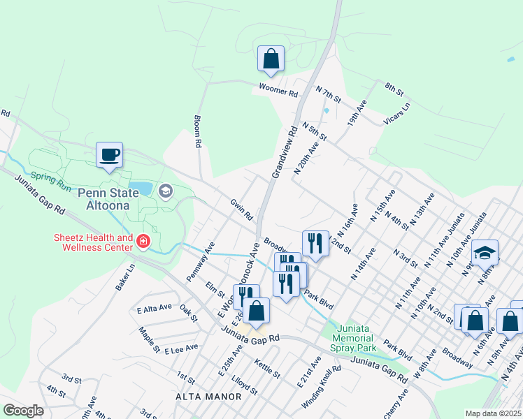 map of restaurants, bars, coffee shops, grocery stores, and more near 801 East Wopsononock Avenue in Altoona