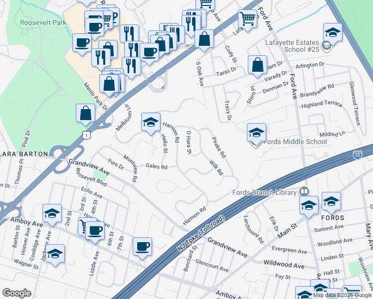 map of restaurants, bars, coffee shops, grocery stores, and more near 14 O Hara Street in Edison